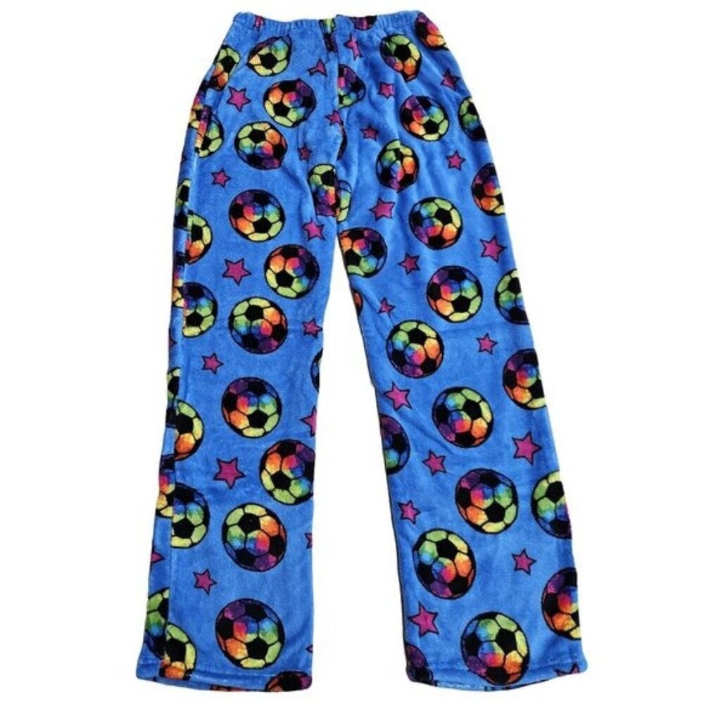 Girls' Plush Pajama Pants, Size Junior Small, Colorful Soccer Balls Print